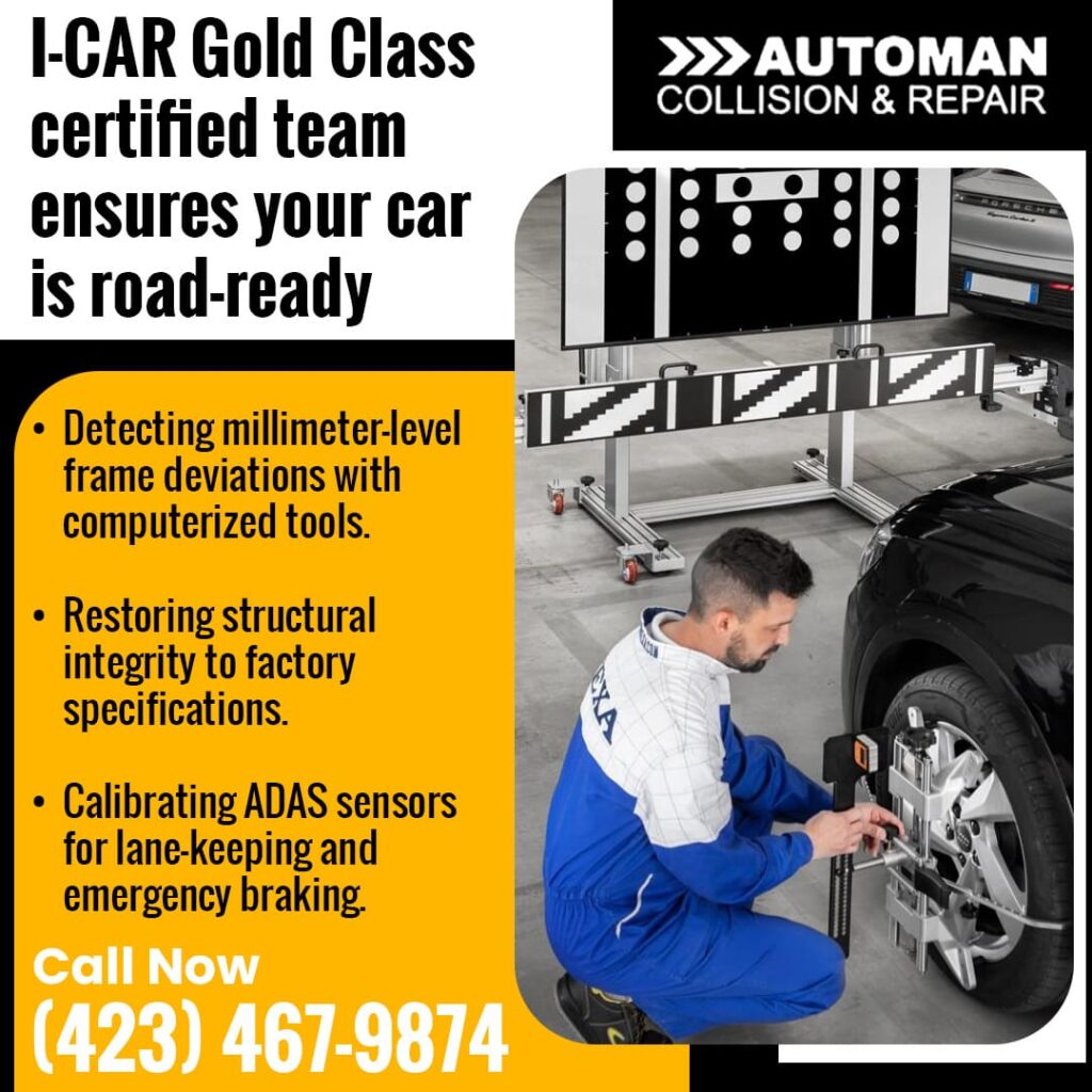 Collision repair technician using computerized tools to measure frame alignment and calibrate ADAS sensors