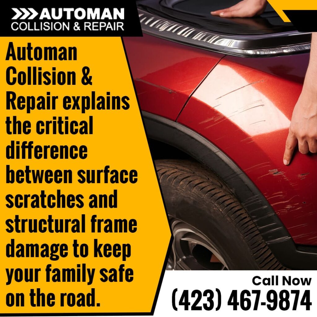 Technician inspecting scratched vehicle panel to assess surface damage versus structural frame problems