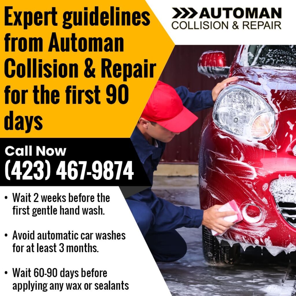 Technician cleaning vehicle exterior as part of post-repair paint care maintenance