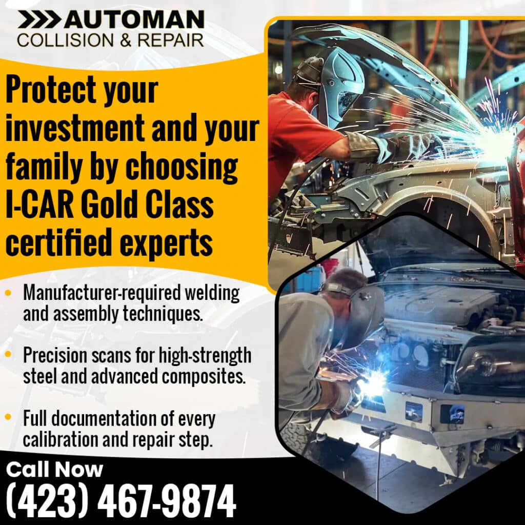 Collision repair technicians performing manufacturer-required welding and structural repair at Automan Collision & Repair with I-CAR Gold Class standards