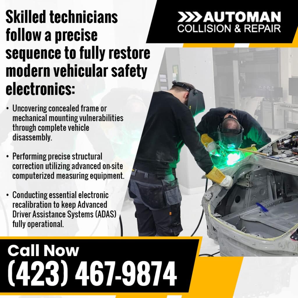 Safety vs. Speed: What to Expect from Collision Repair 3 Technicians welding a vehicle frame in a repair bay alongside text about restoring safety electronics and calibrating ADAS systems.