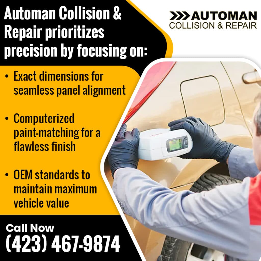 Mirror-Matched Parts: The Reason Some Collision Repairs Look Factory-Perfect and Others Don't 2 Infographic from Automan Collision listing shop precision focal points, showing a technician using a spectrophotometer.