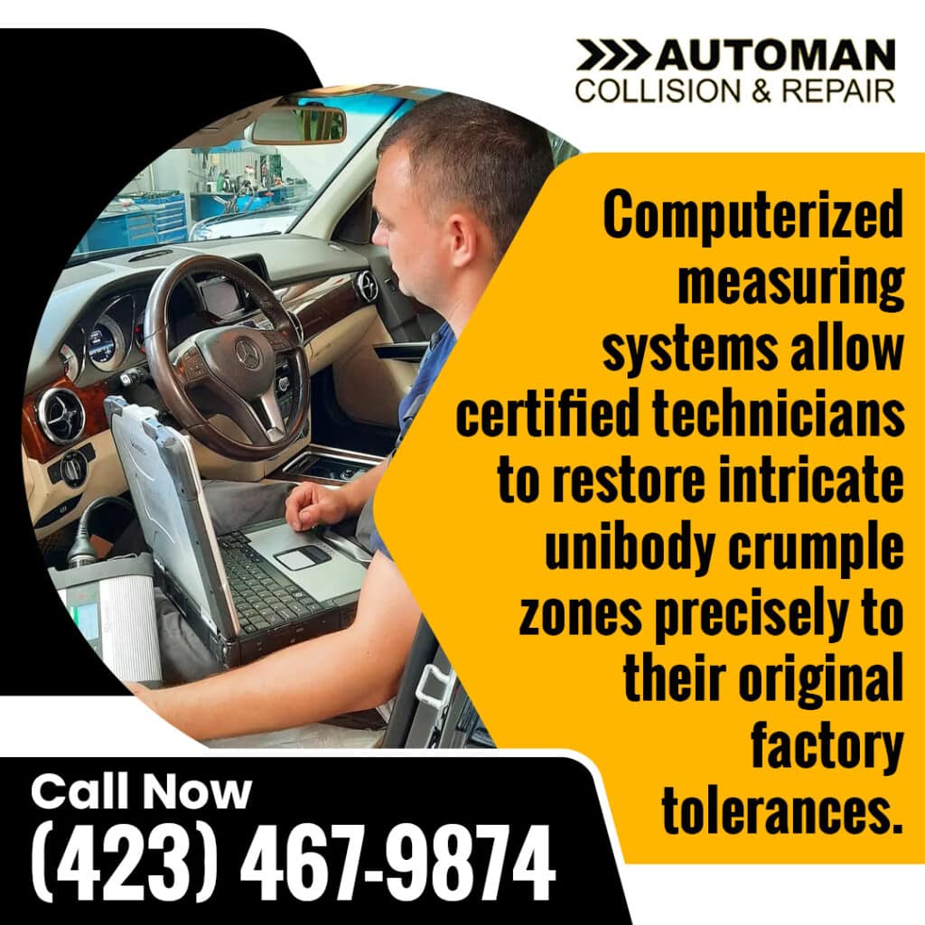 Unibody vs. Frame: Why It Matters for Repairs | Auto Body Repair Shop 1 A technician running computerized diagnostics inside a vehicle to repair unibody crumple zones to original factory tolerances.
