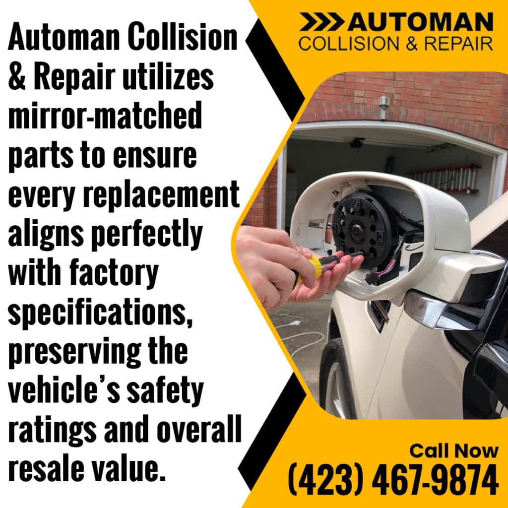 Mirror-Matched Parts: The Reason Some Collision Repairs Look Factory-Perfect and Others Don't 1 Graphic from Automan Collision showing a technician installing a side-view mirror assembly on a white vehicle.