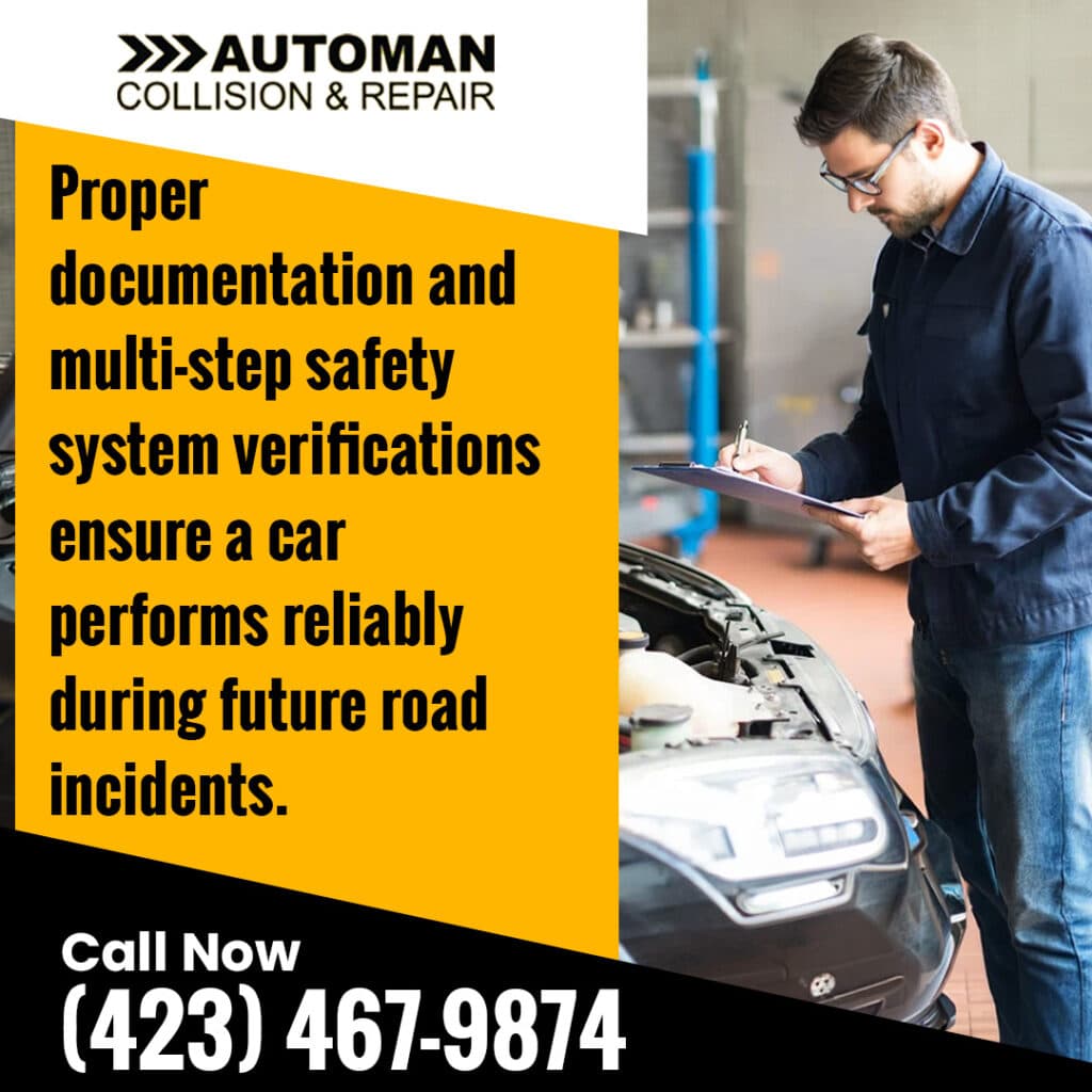 Safety vs. Speed: What to Expect from Collision Repair 1 A technician holding a clipboard and inspecting a car engine next to text explaining the importance of proper safety documentation.
