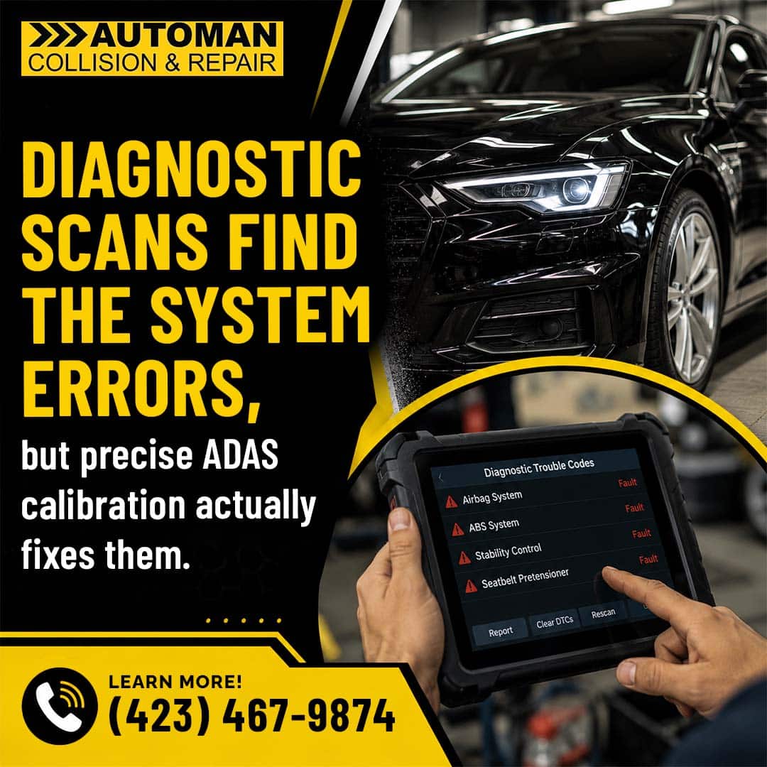 Hands operating an OBD2 diagnostic tablet displaying fault codes, framed against a black sedan in an auto shop service bay.