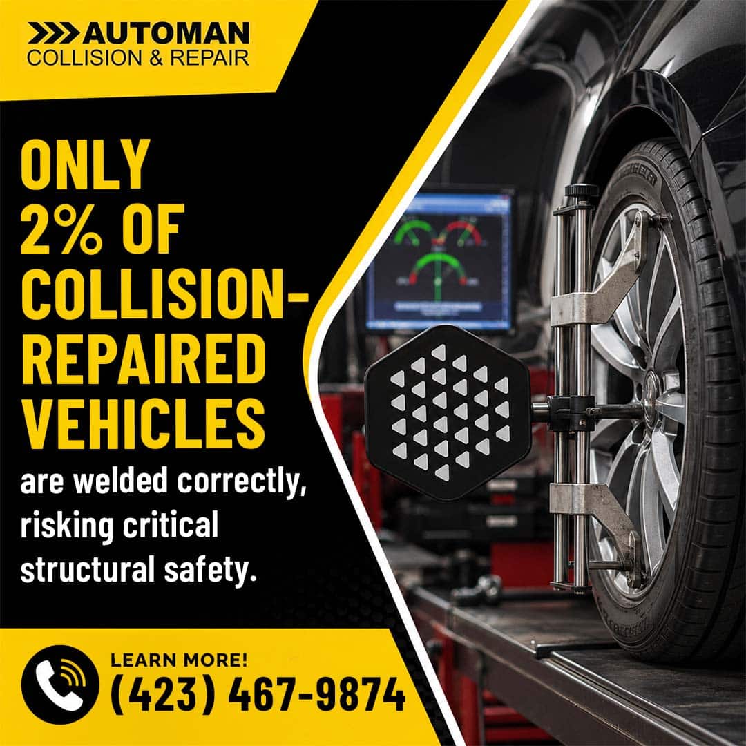 Why Does Our Body Shop Focus On Precision Welding for Crash Safety? 1 Close-up of a precision wheel alignment target clamped to a car tire in an auto repair shop.