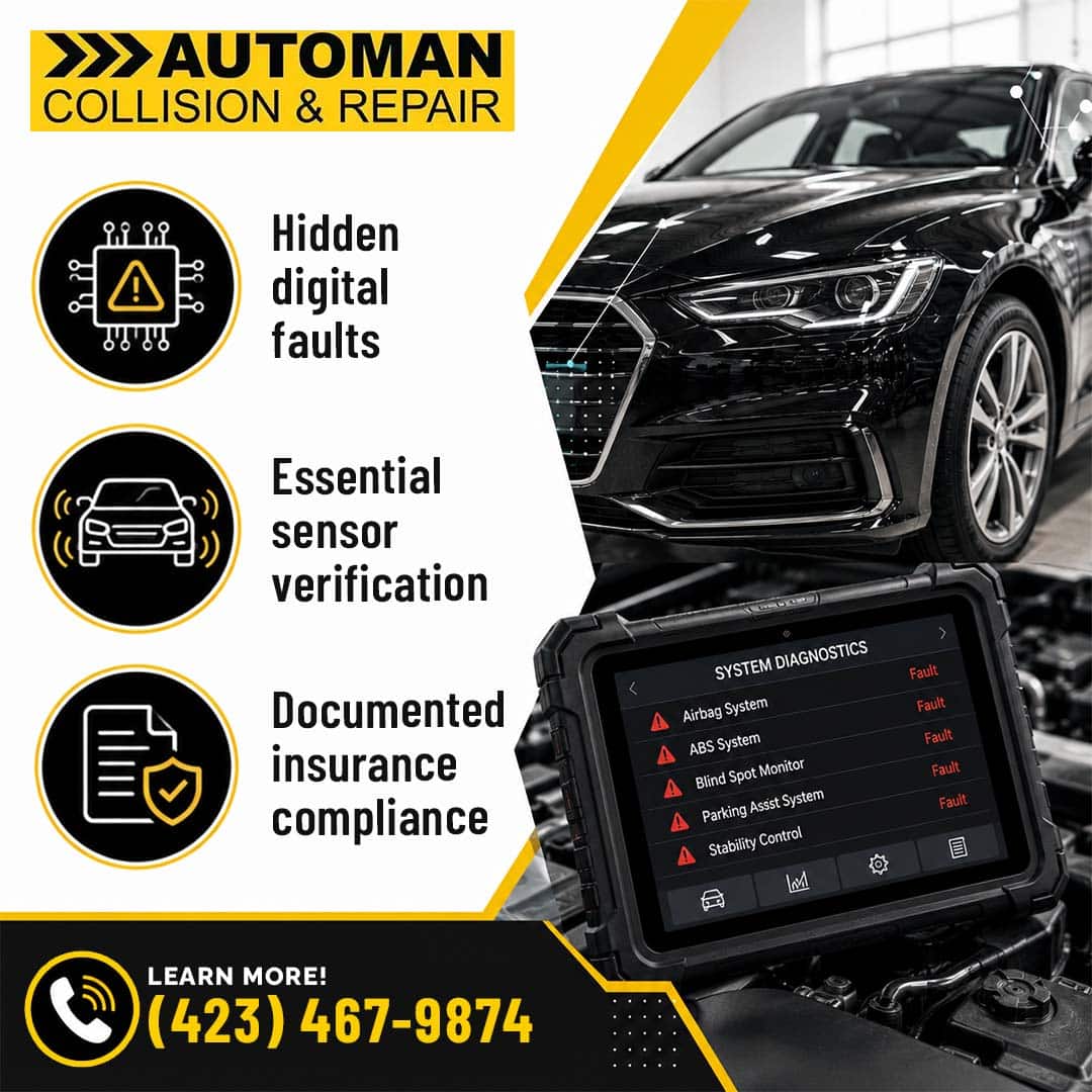 Can a Scan Replace an ADAS Calibration in Collision Repair? 1 An OBD2 automotive diagnostic tablet displaying vehicle system faults resting in an engine bay next to a black luxury sedan.