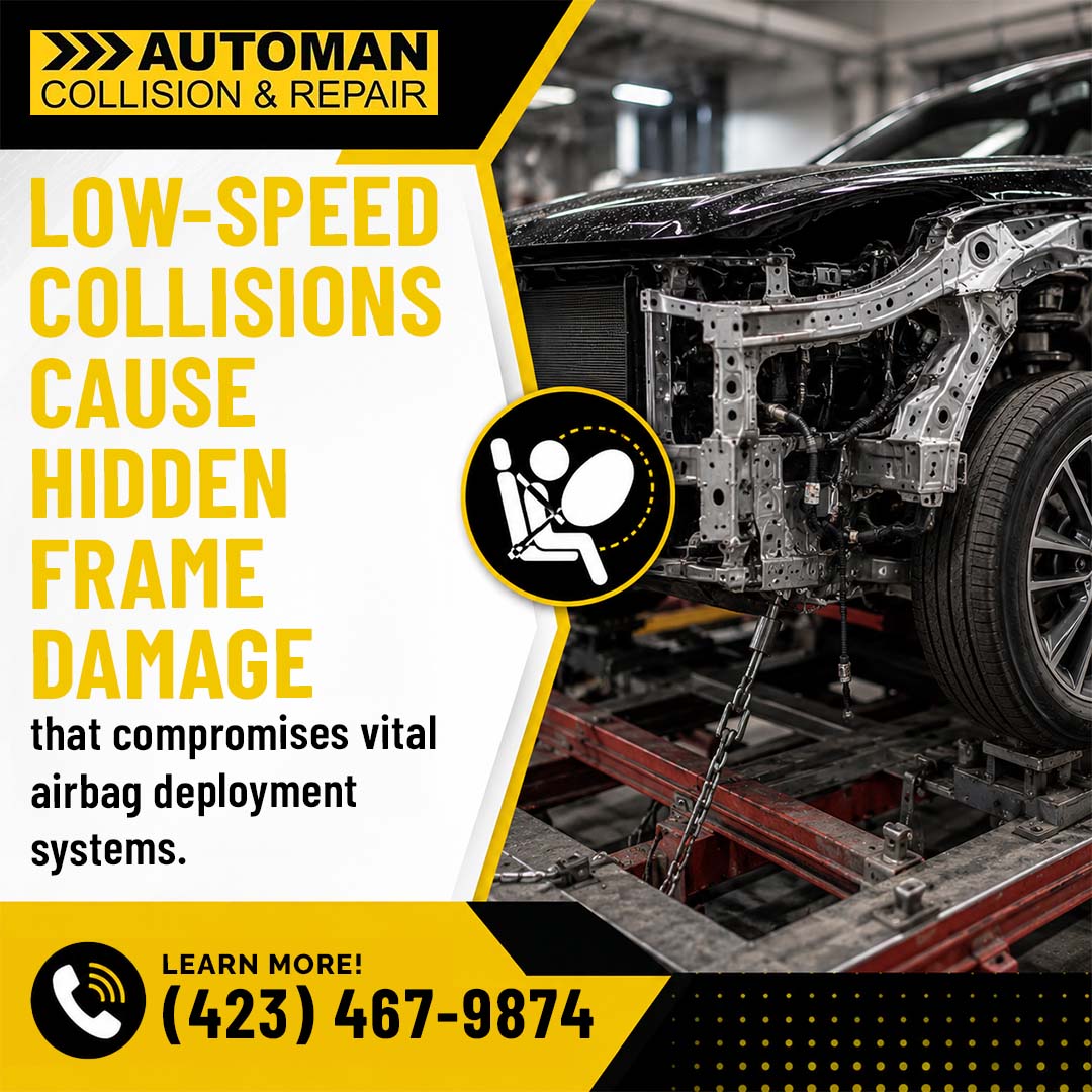 Why Does Our Body Shop Focus On Precision Welding for Crash Safety? 2 Front chassis of a vehicle mounted on a frame straightening machine in an auto repair shop next to an airbag deployment safety icon.