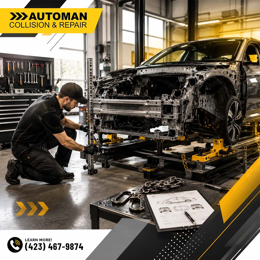 How Do You Know If Your Car Has Hidden Frame Damage After a Collision? 2 An auto body technician using a precision measuring tram gauge to inspect the front unibody frame of a car mounted on a repair bench.