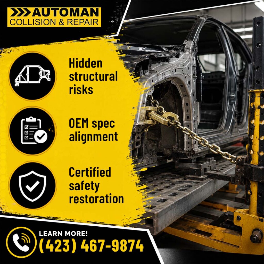 How Do You Know If Your Car Has Hidden Frame Damage After a Collision? 1 A stripped car body mounted on a frame machine with heavy-duty chains attached for precision structural pulling and alignment.