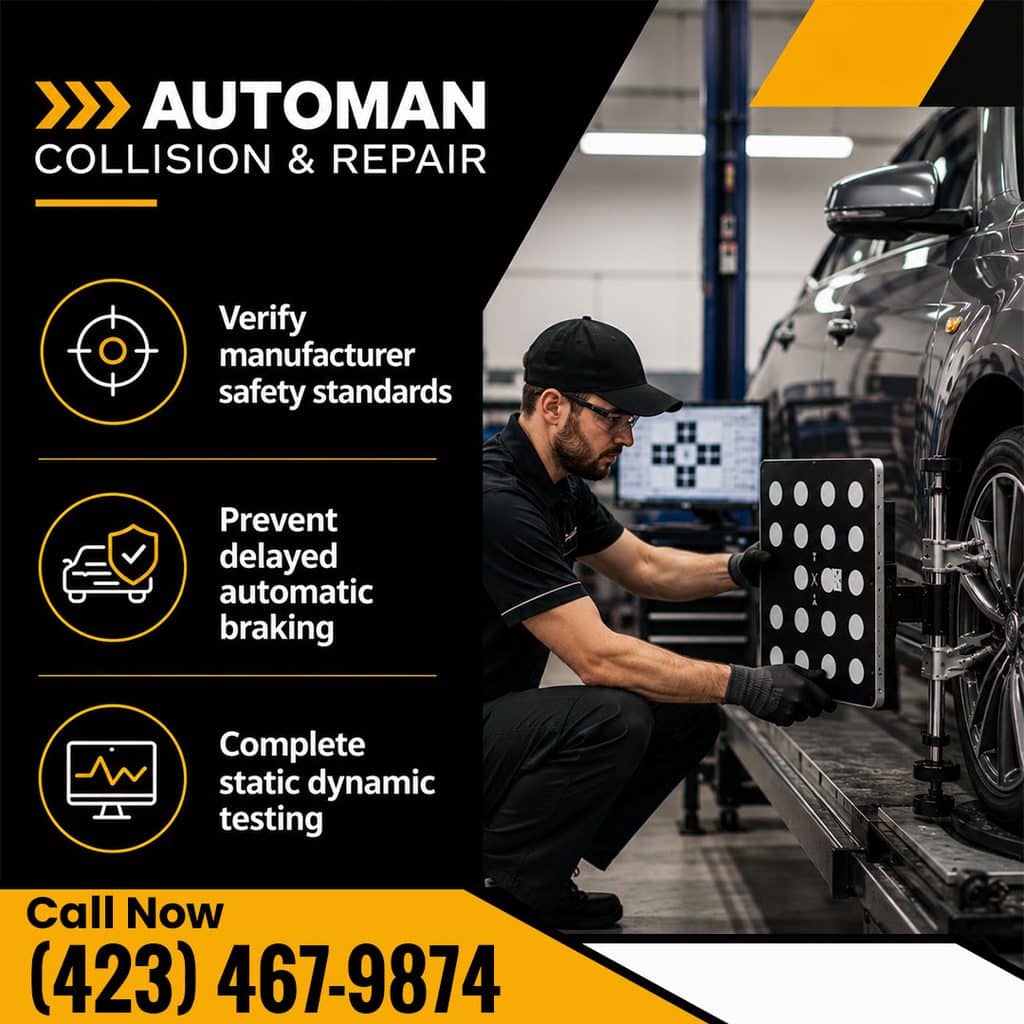 An auto mechanic positioning a wheel alignment sensor target plate on a vehicle lift beside service bullet points for ADAS safety calibration.