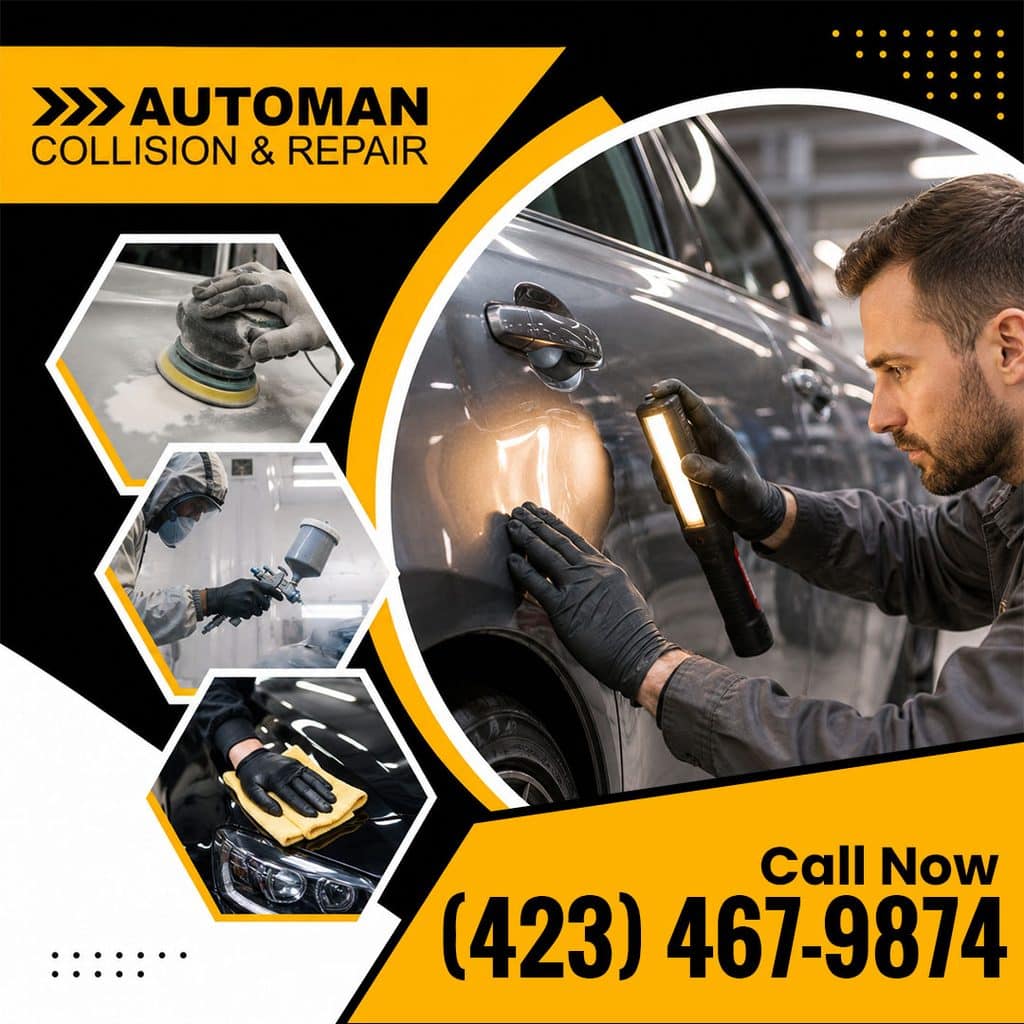 Tennessee Heat: Car Paint Damage and Auto Body Repair 2 A collision repair technician using an inspection light to check automotive paint finish beside hexagonal panels showing sanding, spray booth painting, and microfiber polishing.