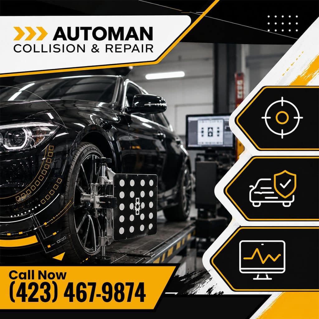 ADAS Calibration: A Must for Safe Collision Repair 2 A black car on a repair bay lift undergoing ADAS wheel clamp sensor calibration alongside service graphic icons and statistic text.