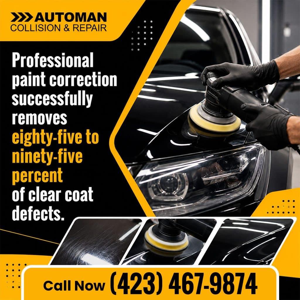 Auto Body Repair: Why Professional Correction Outperforms DIY 1 A technician using a digital paint depth gauge on black car paint to measure clear coat thickness and prevent burn-through during polishing.