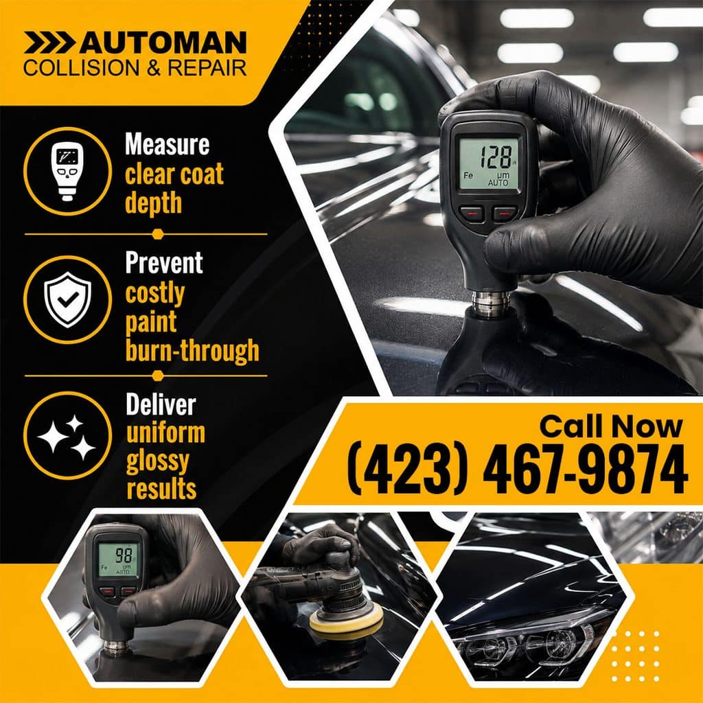 Auto Body Repair: Why Professional Correction Outperforms DIY 2 A detailer in black nitrile gloves using a dual-action rotary buffer to polish the clear coat on a black vehicle fender, with an inset showing swirl mark correction.