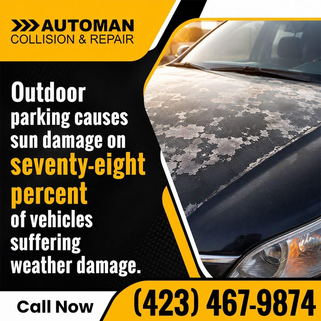 Tennessee Heat: Car Paint Damage and Auto Body Repair 1 Severe sun and UV weather damage causing faded, peeling clear coat and oxidized paint across the hood of a dark car parked outside.