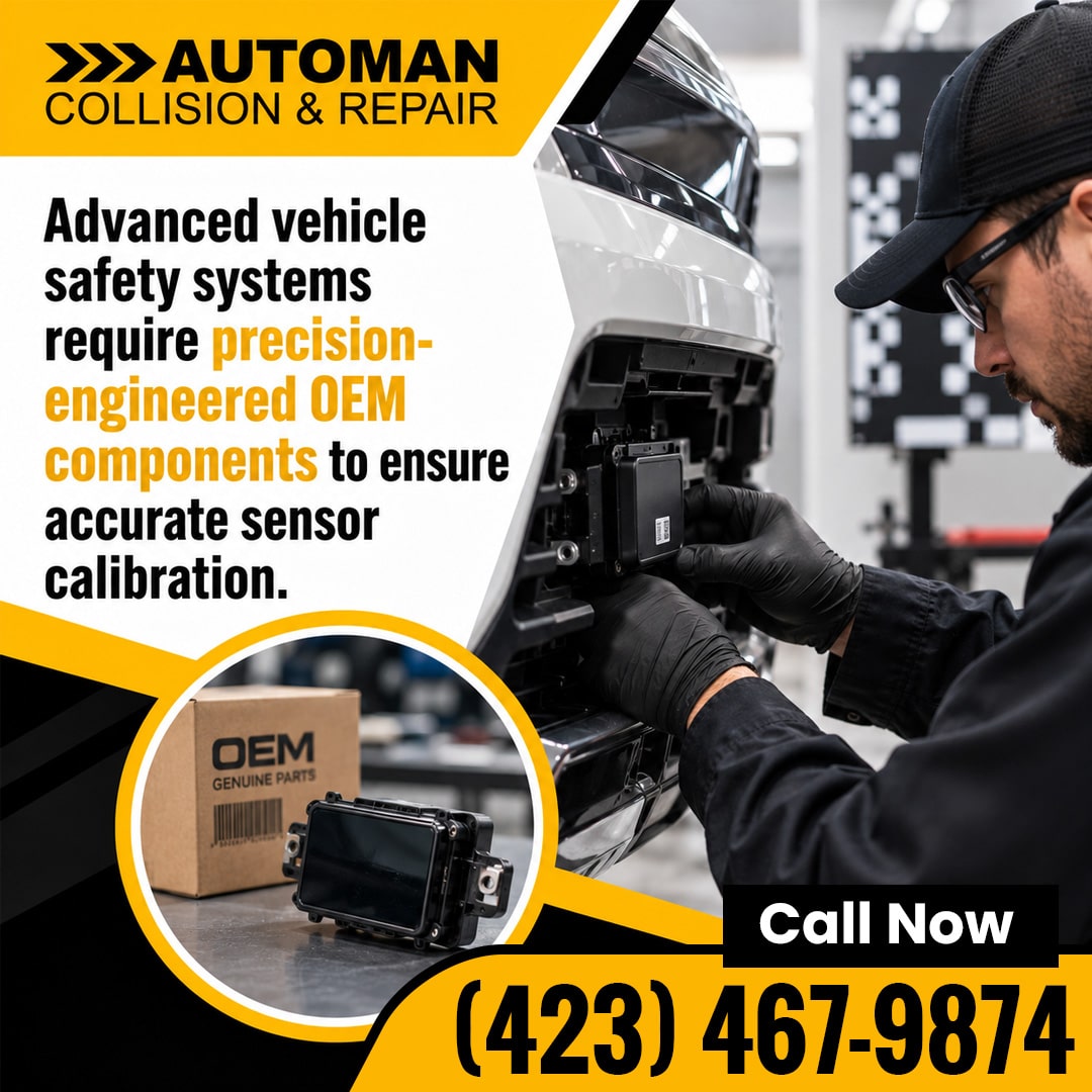 Collision repair technician installing an ADAS radar sensor onto a front bumper frame, paired with a circular inset of a genuine OEM radar module and parts box.