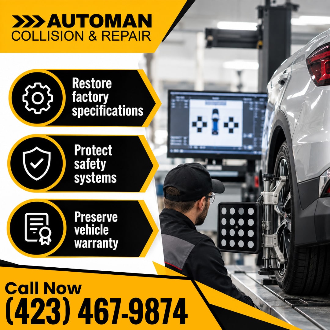 Collision repair technician monitoring computerized wheel alignment and ADAS calibration sensors mounted on a vehicle tire in a modern repair facility.